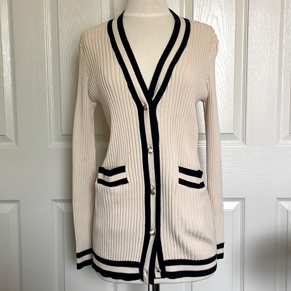 Cabi Navy Blue Trimmed Cream Cardigan Size S Gold Buttons